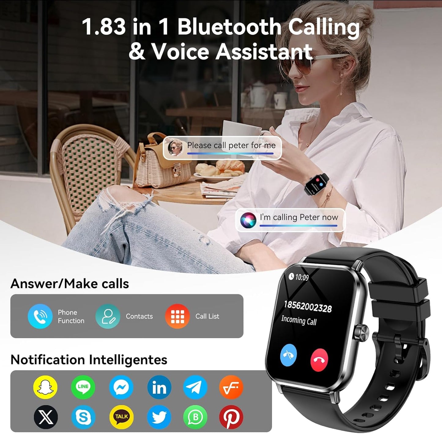 Smart Watch for Men Women, 1.83" HD Touchsreen, Bluetooth Calling, 5 ATM Water-Resistance, 130+ Sports Modes, Health, Fitness & Sleep Tracker, Timer, Fitness Watch for Android/Ios (Black)
