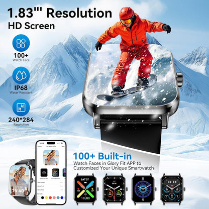 Smart Watch for Men Women, 1.83" HD Touchsreen, Bluetooth Calling, 5 ATM Water-Resistance, 130+ Sports Modes, Health, Fitness & Sleep Tracker, Timer, Fitness Watch for Android/Ios (Black)