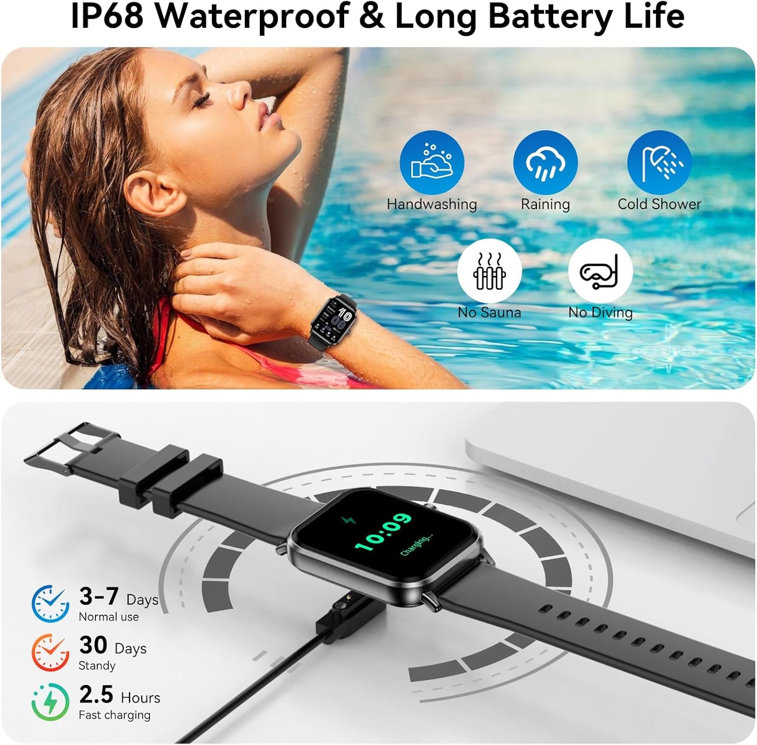 Smart Watch for Men Women, 1.83" HD Touchsreen, Bluetooth Calling, 5 ATM Water-Resistance, 130+ Sports Modes, Health, Fitness & Sleep Tracker, Timer, Fitness Watch for Android/Ios (Black)